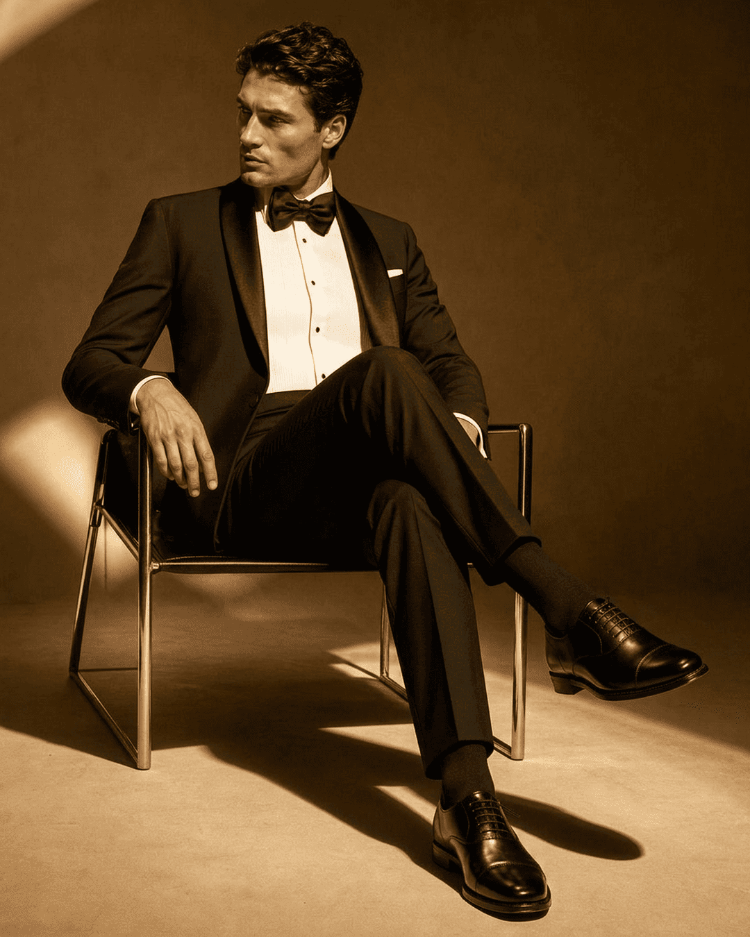 Founder in tailored black tie, Democ tuxedo Oxfords